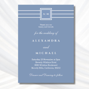 Convite Casamento Moderno do Monograma Branco Azul Elegant