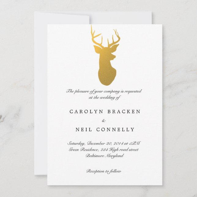 Convite Casamento Moderno Dourado Antler Clássico Simples (Frente)