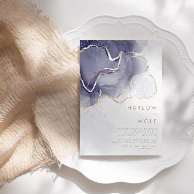 Convite Casamento Moderno Dourado Elegante da Meia-Noite (Criador carregado)