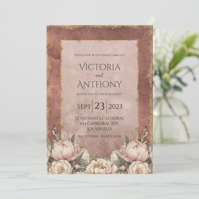 Convite Casamento Moderno Dourado Mauve Romântico (Em pé/Frente)