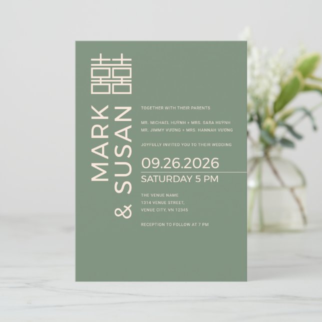 Convite Casamento Moderno Dupla Felicidade Verde Salvia (Em pé/Frente)