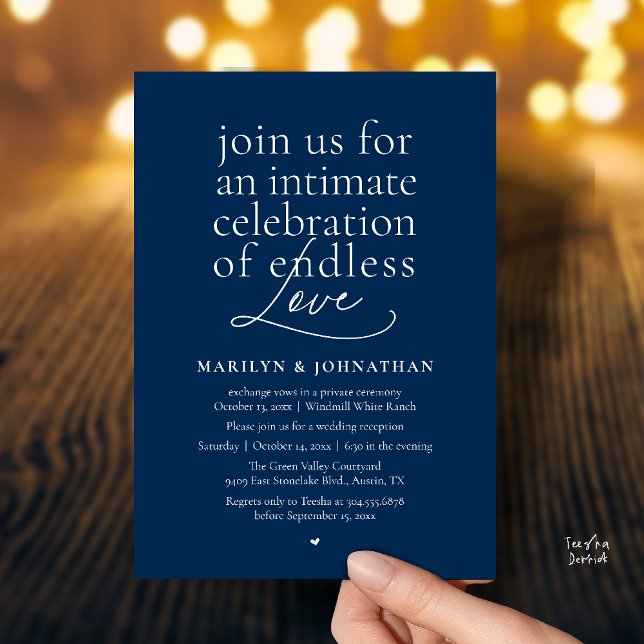 Convite Casamento Moderno e Elegante, Amor Sem Fim, Recepç (Modern Elegant Wedding, Endless Love, Reception Dinner Invitation Card in Navy Blue)