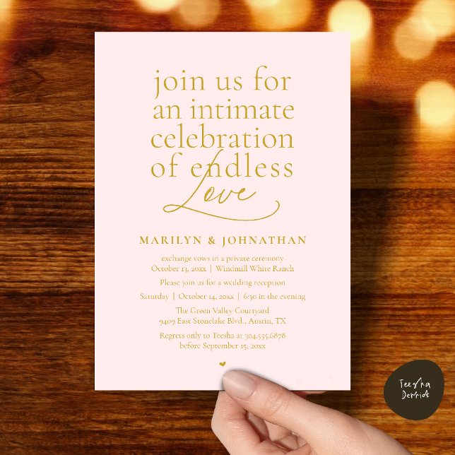 Convite Casamento Moderno e Elegante, Amor Sem Fim, Recepç (Modern Elegant Wedding, Endless Love, Reception Dinner Invitation Card in Yellow Gold Blush)