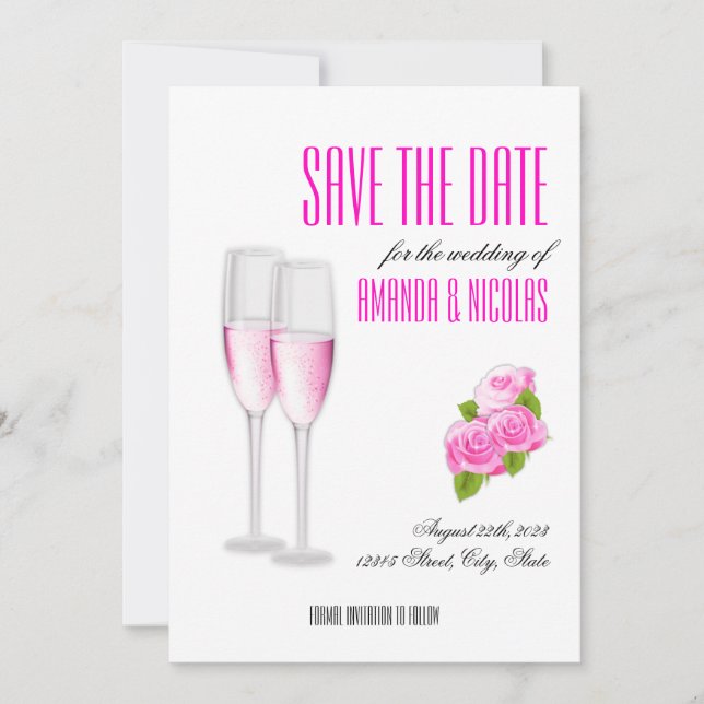 Convite Casamento moderno e elegante Branco Rosa Salve A D (Frente)