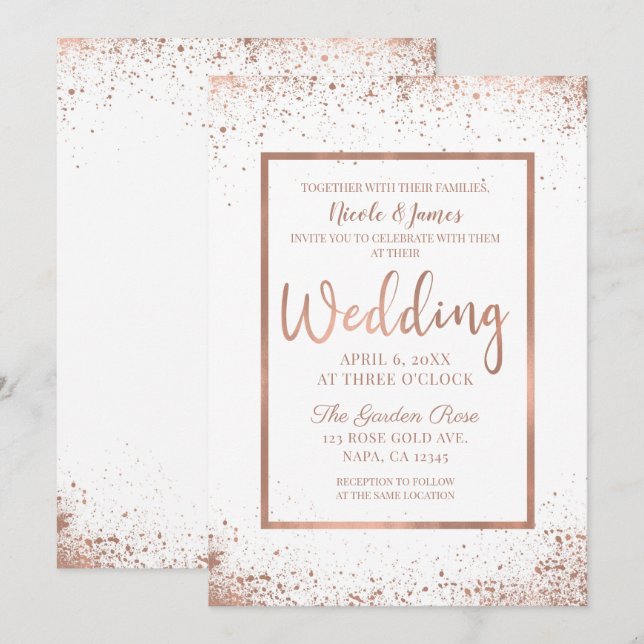 Convite Casamento Moderno e Glamouroso em Rosa Dourado (Frente/Verso)