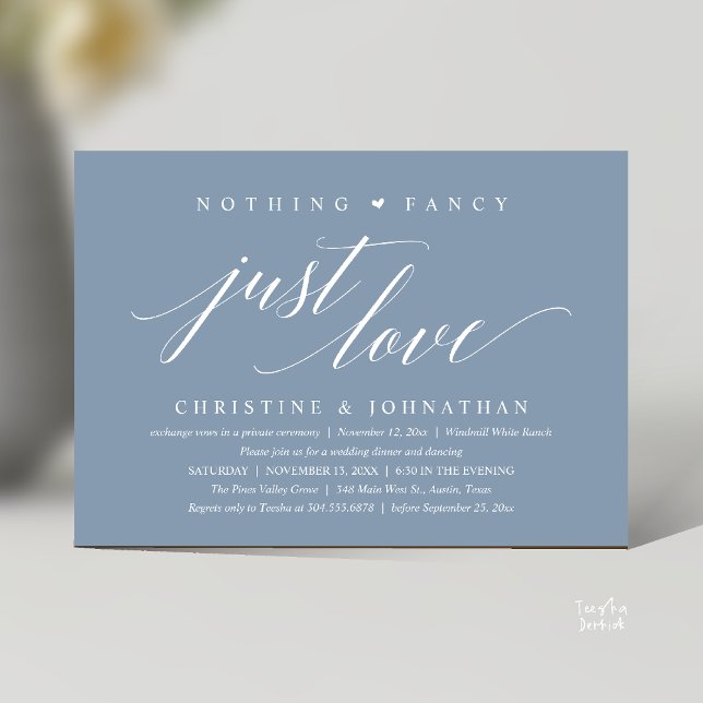 Convite Casamento Moderno e Sofisticado Nada de Luxo, Apen (Modern Classy Nothing Fancy, Just Love, Wedding Reception Dinner Invitation Card in Dusty Blue)