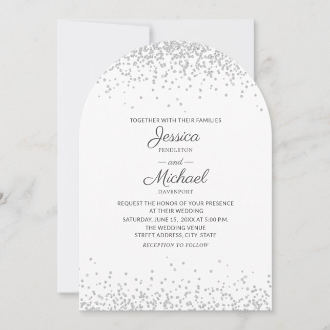 Convite Casamento Moderno Elegante Arco Branco Prata Brilh (Frente)