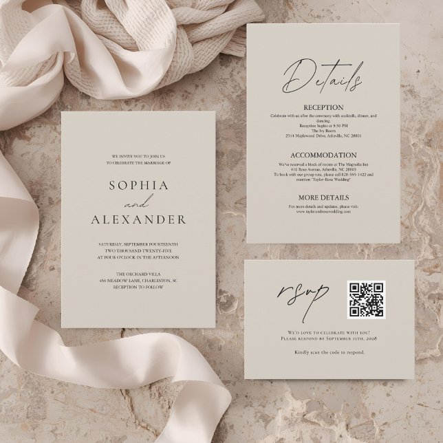 Convite Casamento Moderno Elegante Bege e Preto (Criador carregado)