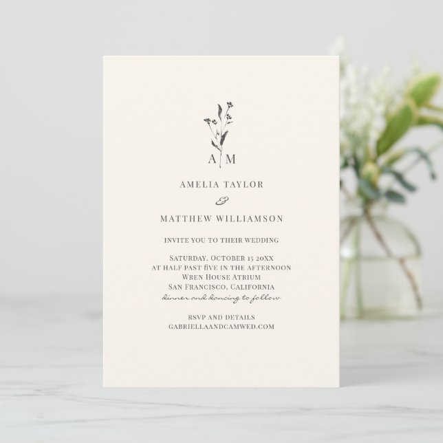 Convite Casamento Moderno Elegante com Rótulo Botânico Mín (Em pé/Frente)
