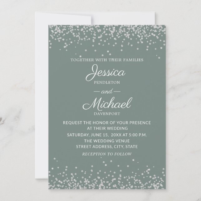 Convite Casamento Moderno Elegante com Sage e Brilho Prate (Frente)