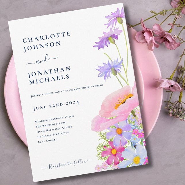 Convite Casamento Moderno Elegante De Vidraça Selvagem (Elegant watercolor wildflower summer floral wedding invitation in pastel colors pink lilac blue)