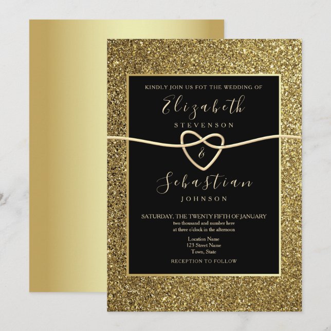 Convite Casamento Moderno Elegante Dourado e Preto (Frente/Verso)