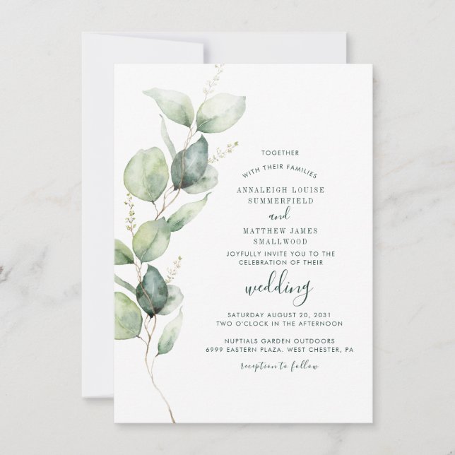 Convite Casamento Moderno Elegante Eucalyptus Greenery (Frente)