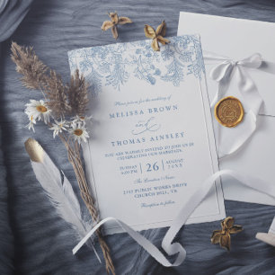 Convite Casamento Moderno Elegante Floral Azul Empoeirado