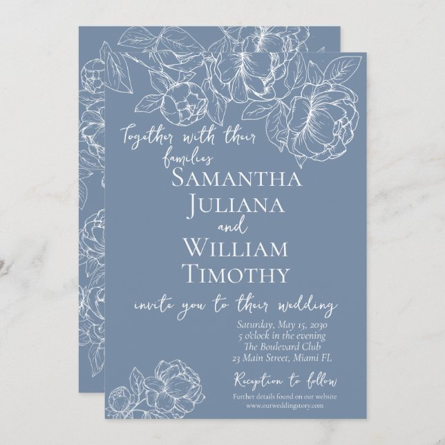 Convite Casamento Moderno Elegante Floral Botânico Periwin (Frente/Verso)