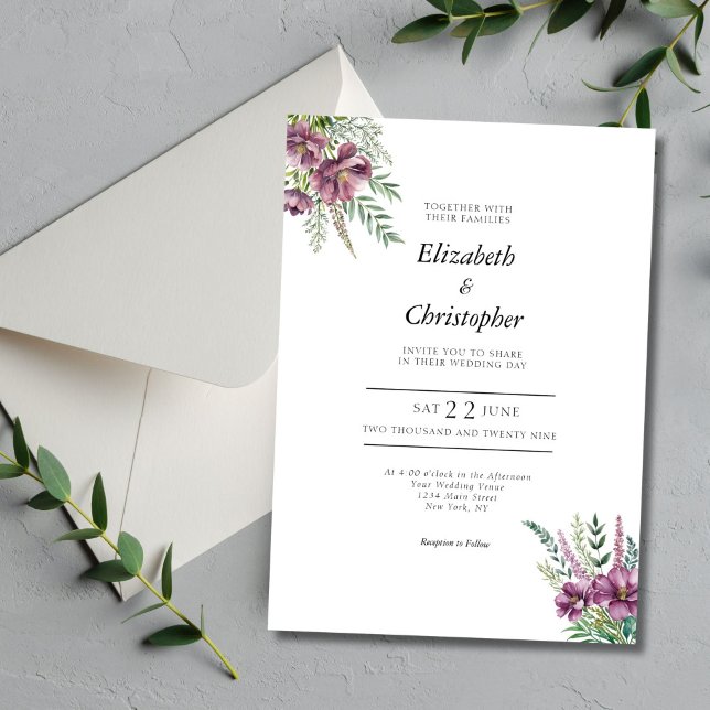 Convite Casamento Moderno Elegante Floral de Molercola d'Á (Purple Floral Watercolor Modern Elegant Wedding Invitation)