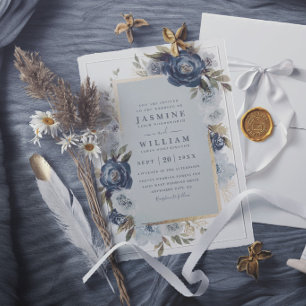 Convite Casamento Moderno Elegante Floral Índigo Romântico
