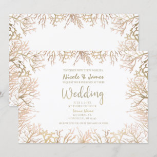 Convite Casamento Moderno Elegante na Praia com Coral Bran