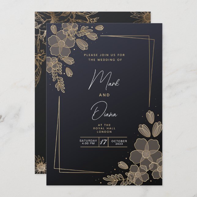 Convite Casamento Moderno Elegante Negro e Dourado (Frente/Verso)