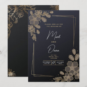 Convite Casamento Moderno Elegante Preto e Dourado