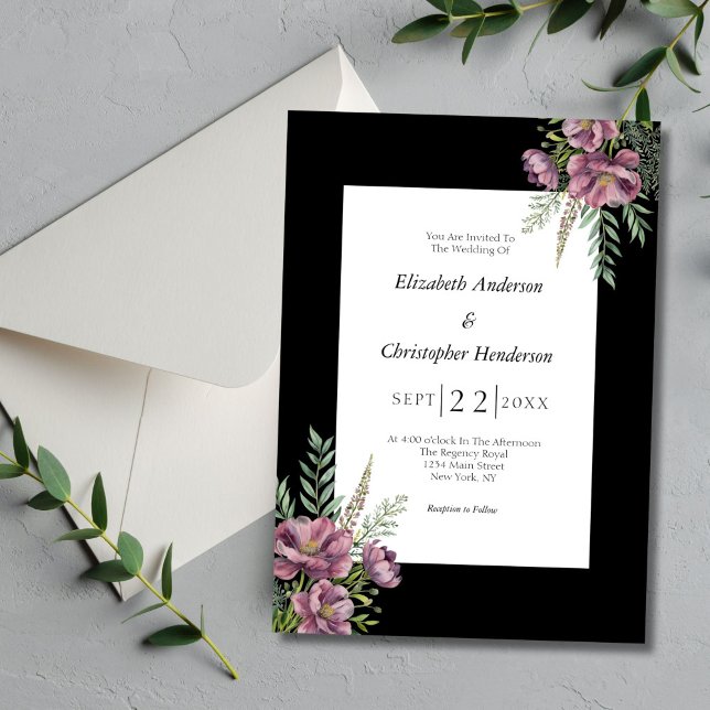 Convite Casamento Moderno Elegante Preto-Preto-Púrpura (Black White Purple Floral Elegant Modern Chic Wedding Invitation)