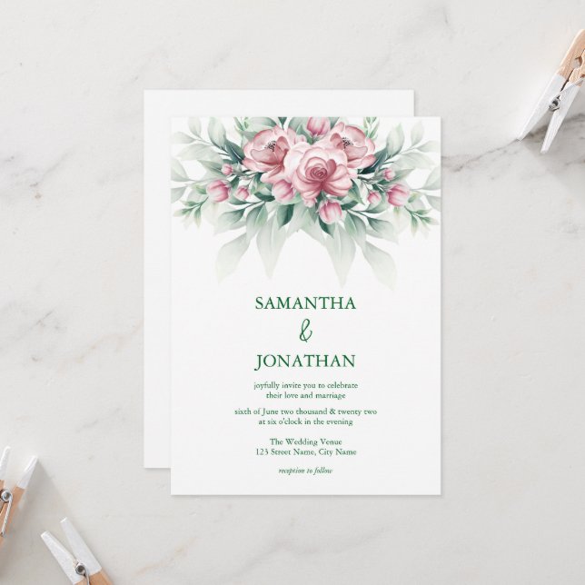Convite Casamento Moderno Elegante Rosa Verde (Frente/Verso In Situ)