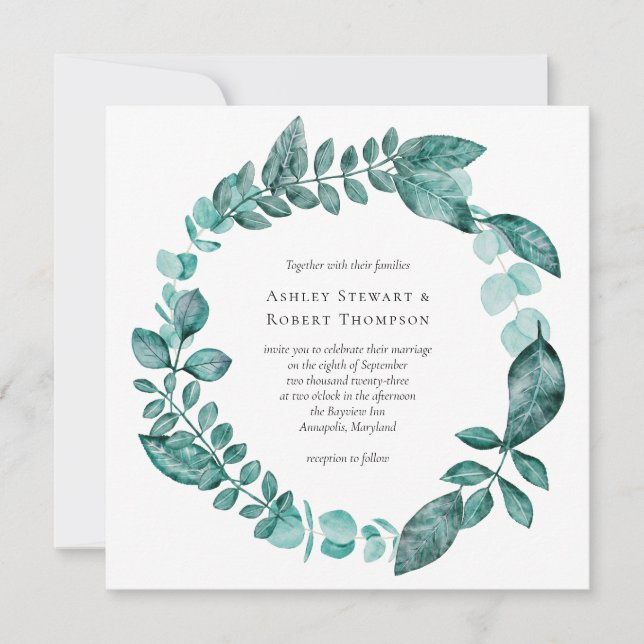 Convite Casamento Moderno Elegante Teal Greenery Watercolo (Frente)