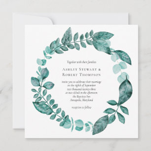 Convite Casamento Moderno Elegante Teal Greenery Watercolo