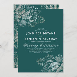 Convite Casamento Moderno Elegante Verde-Folhagem Dourada