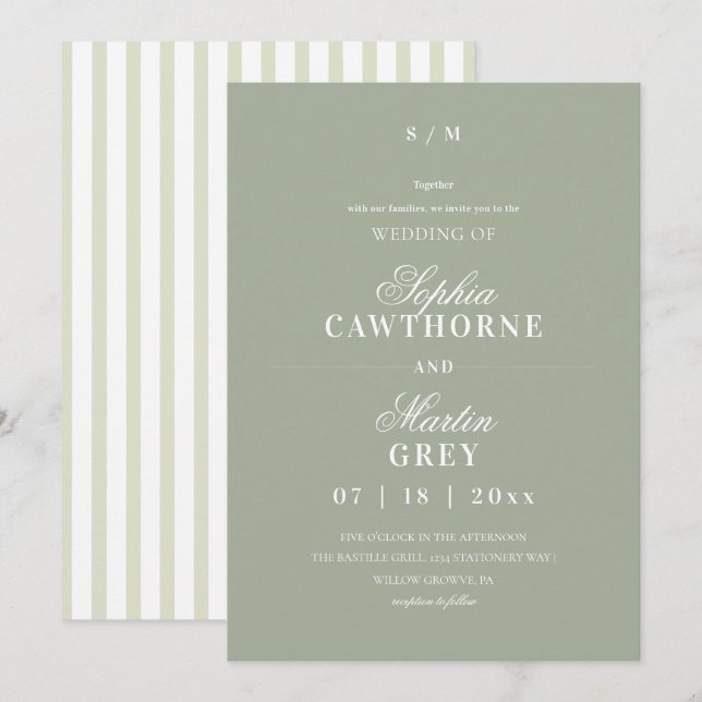 Convite Casamento Moderno Elegante⎮Verde Salvia (Frente/Verso)