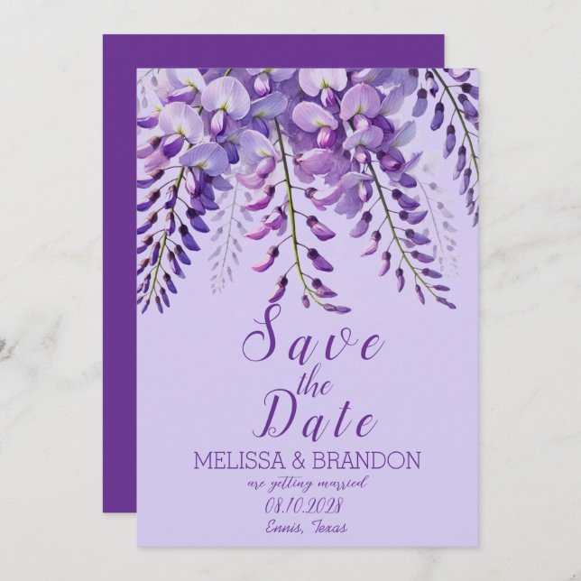 Convite Casamento Moderno Elegante Wisteria Floral Purple (Frente/Verso)