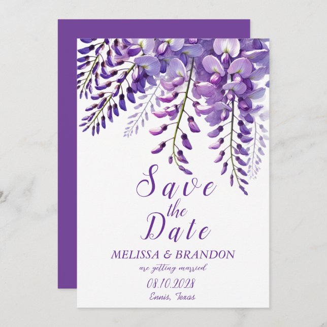 Convite Casamento Moderno Elegante Wisteria Floral Purple (Frente/Verso)
