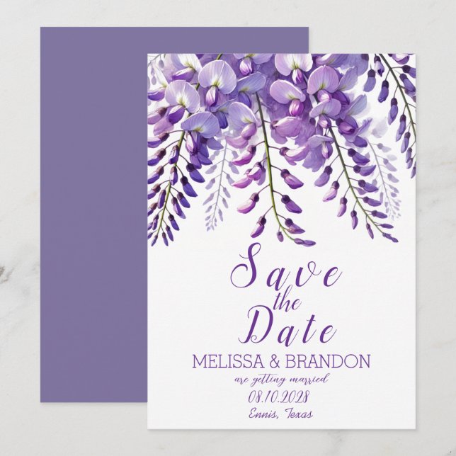 Convite Casamento Moderno Elegante Wisteria Floral Purple (Frente/Verso)