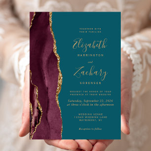 Convite Casamento Moderno em Ágata Dourada Burgundy e Azul