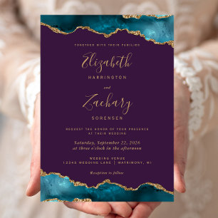 Convite Casamento Moderno em Água-Marinha e Roxo com Ágata