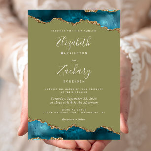 Convite Casamento Moderno em Água-Marinha e Verde Oliva co