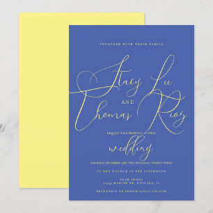 Convite Casamento Moderno em Amarelo e Azul Negrito e Curs