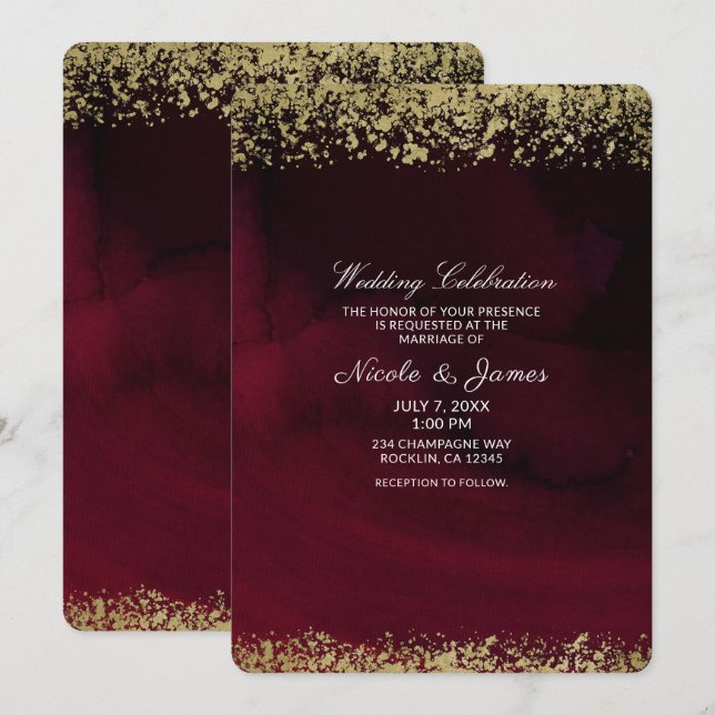 Convite Casamento Moderno em Aquarela com Marrom e Dourado (Frente/Verso)
