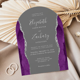 Convite Casamento Moderno em Arco Cinza Ágata Prata Roxo