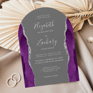 Convite Casamento Moderno em Arco Cinza Ágata Prata Roxo