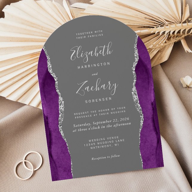 Convite Casamento Moderno em Arco Cinza Ágata Prata Roxo (Criador carregado)