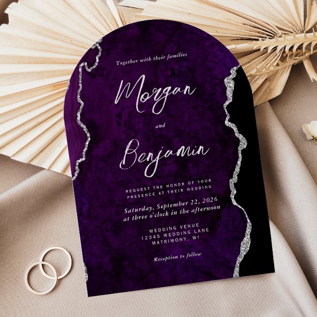 Convite Casamento Moderno em Arco com Ágata Roxa e Letra P (Criador carregado)