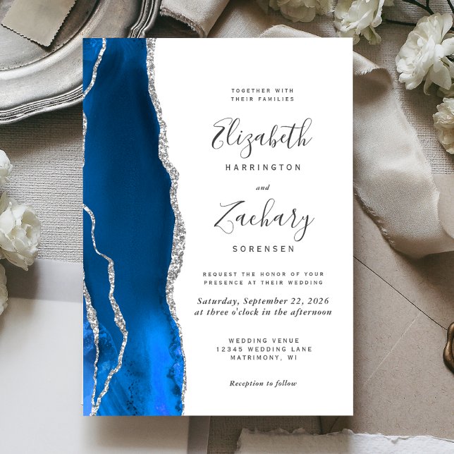 Convite Casamento Moderno em Azul Real com Ágata Prateada (Criador carregado)