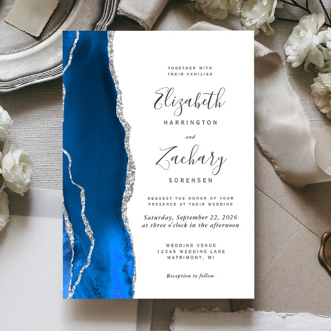 Convite Casamento Moderno em Azul Real com Ágata Prateada (Criador carregado)