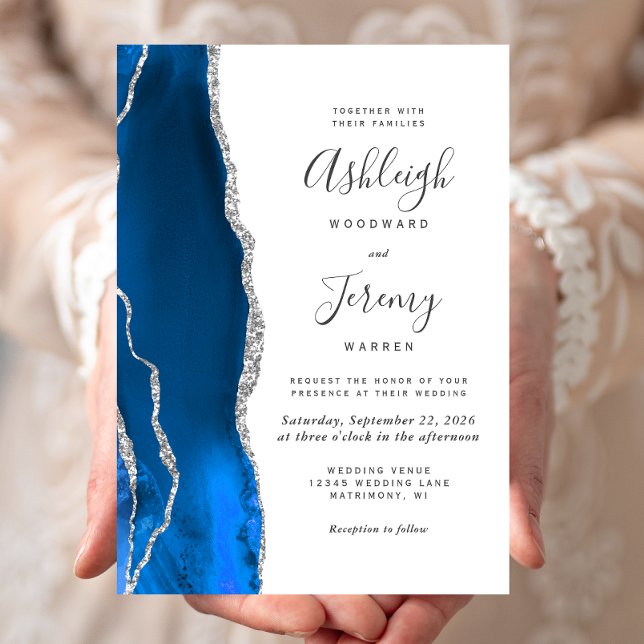 Convite Casamento Moderno em Azul Real com Ágata Prateada (Criador carregado)