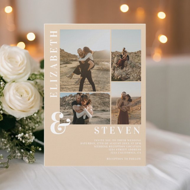 Convite Casamento moderno em bege com e comercial em grade (Modern beige ampersand 5 photo grid wedding invitation)