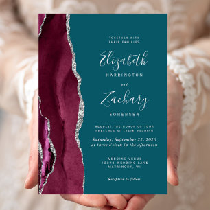 Convite Casamento Moderno em Burgundy Prata Ágata Azul Tur