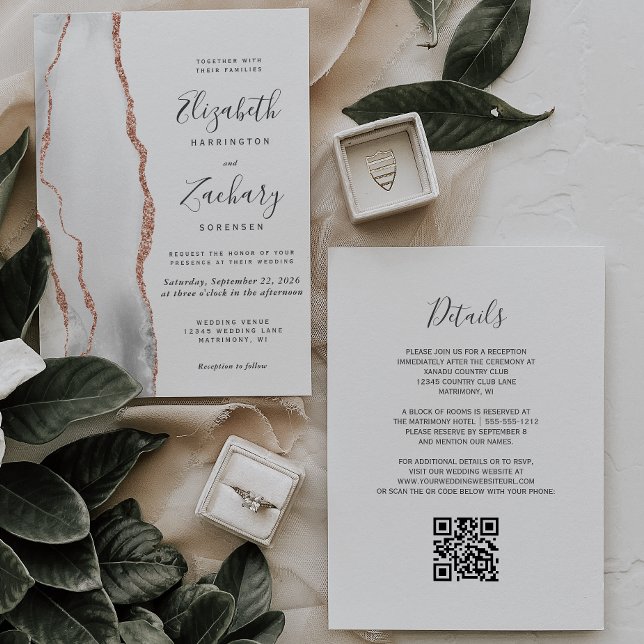 Convite Casamento Moderno em Cinza e Rosa Dourado com Códi (Criador carregado)