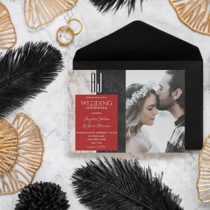 Convite Casamento Moderno em Foto Preto Branco Vermelho