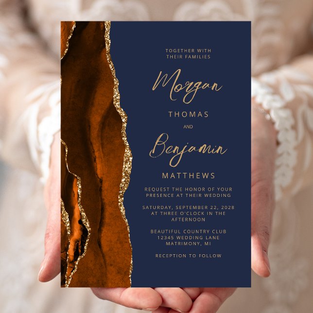 Convite Casamento Moderno em Laranja Queimada e Azul Marin (Criador carregado)